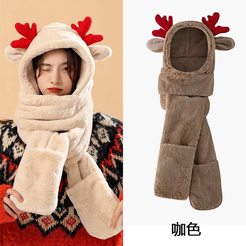 Conjunto de tres piezas de gorro, bufanda y guantes de oso grueso y lindo para mujer, cálido de felpa para otoño e invierno, gorro y bufanda integrados