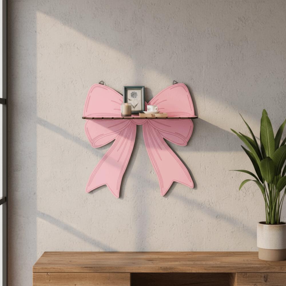 Pink Bow Wall Mounted Shelf Wooden Holder Wood Storage Rack Wall Storage Holder  Girls Room