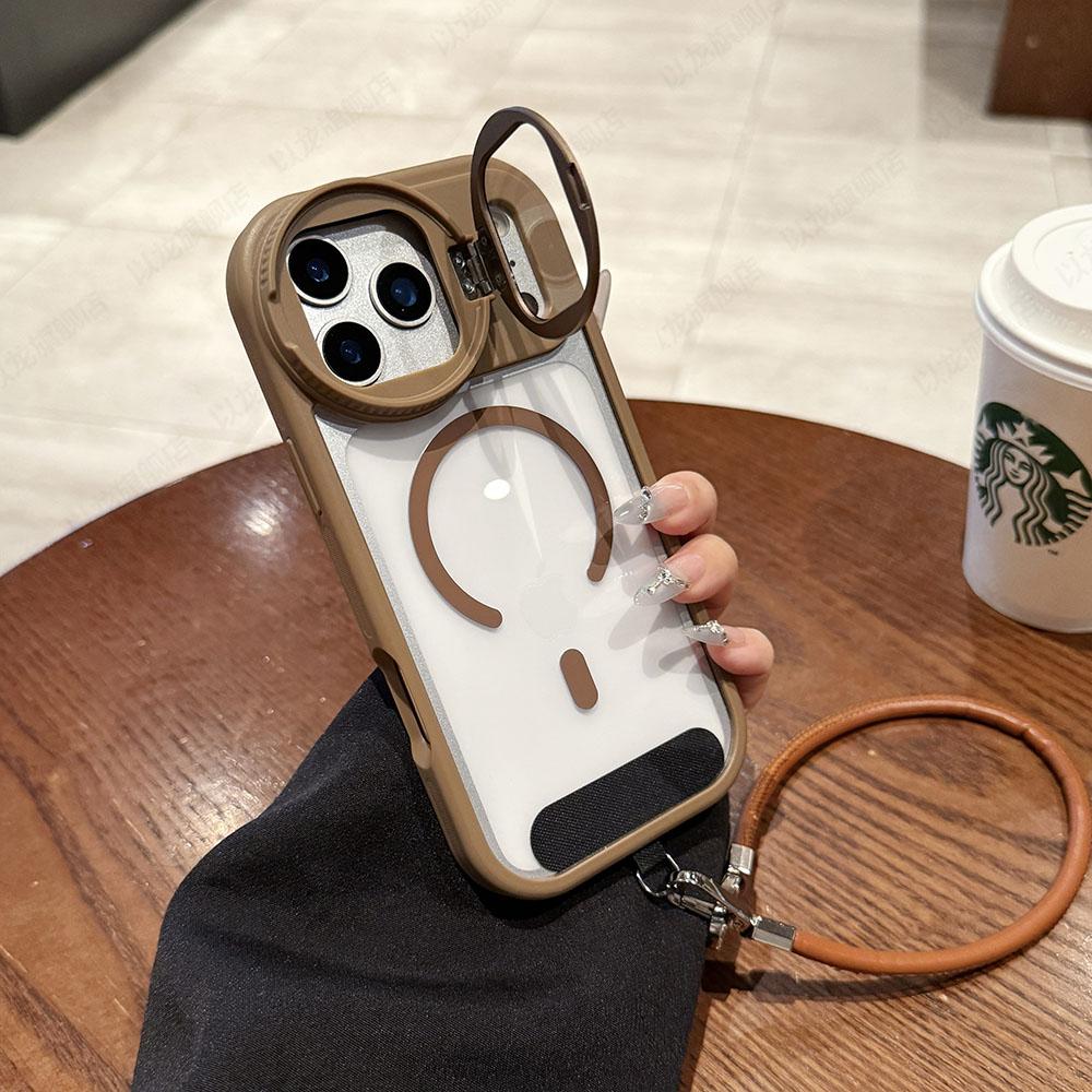 

Magnetic Lens Bracket Lanyard Phone Case for iPhone 17 Pro Max 13 14 15 16 Pro Max Plus Air Flip Stand Transparent Cover iPhone17