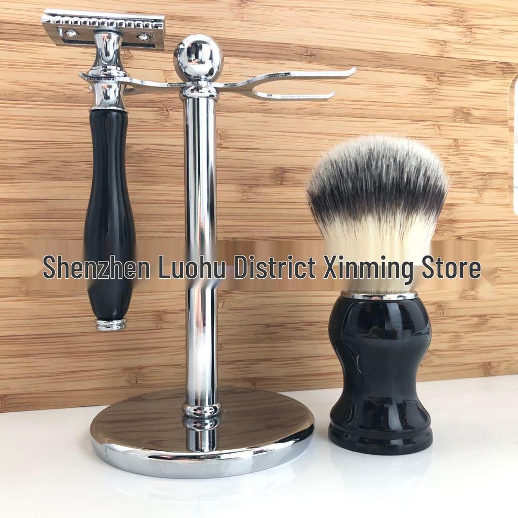 Classic Manual Shaving Kit: Razor, Brush, Metal Stand, Black Men's Grooming Set