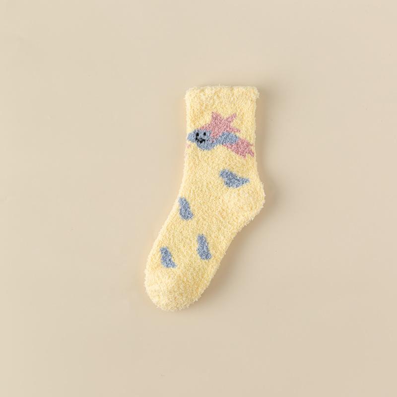 Cute Coral Fleece Socks Female Stars Cartoon Half Fleece Thickened Warm Home Floor Socks Medium Tube Confinement Women'S Socks