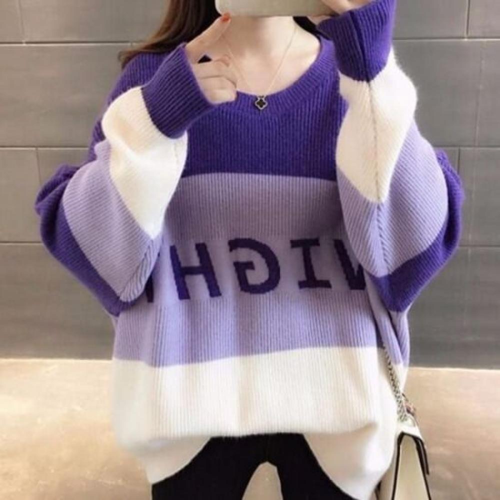 Navava Loose Fit Lettering Color Block Round Neck Long Sleeve Knit Sweater Nk350