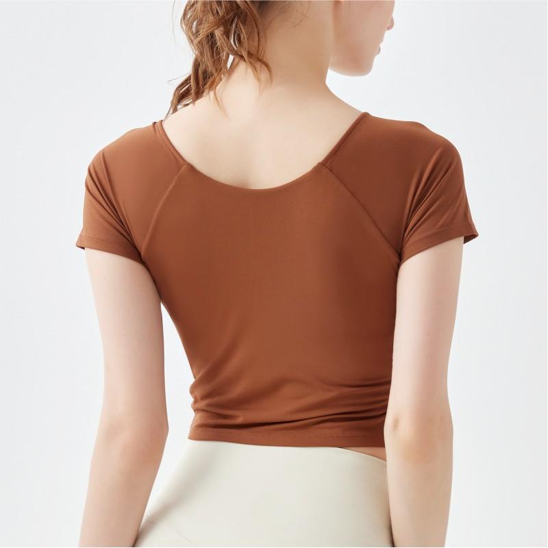 Womens Quick-Dry Yoga Top With Built-in Bra Cropped Cross-Back Workout Shirt Running Gym Fitness