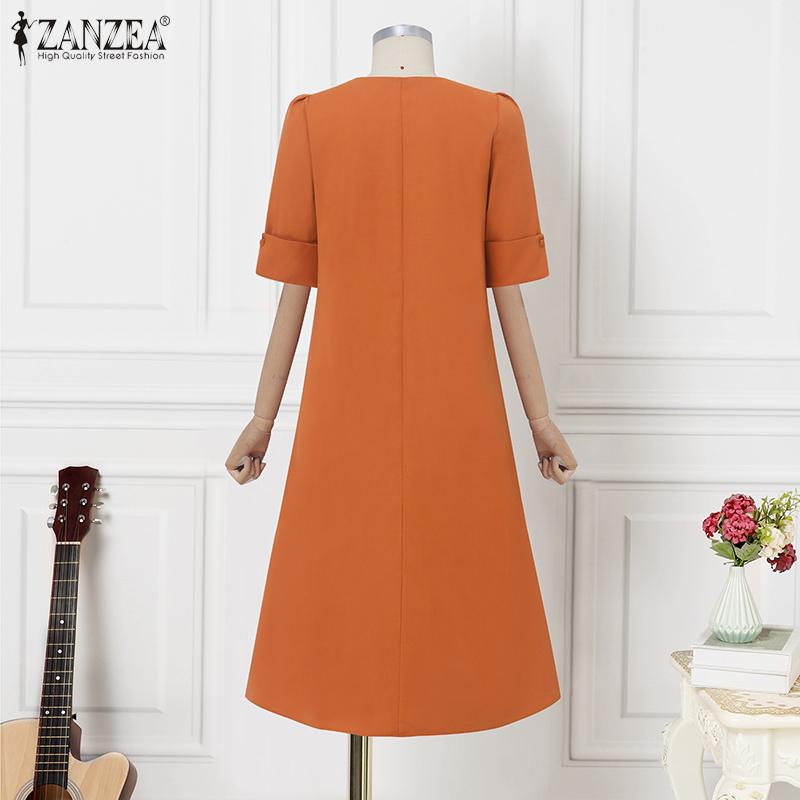 ZANZEA Women Casual Round Neck Solid Color Half Sleeve Dress