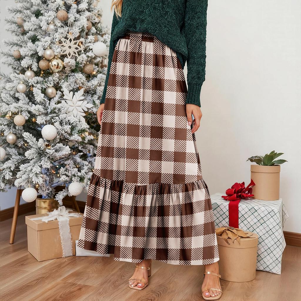 Women's Ruffled Casual Long Skirt Plaid Skirt Retro Pleated Skirt