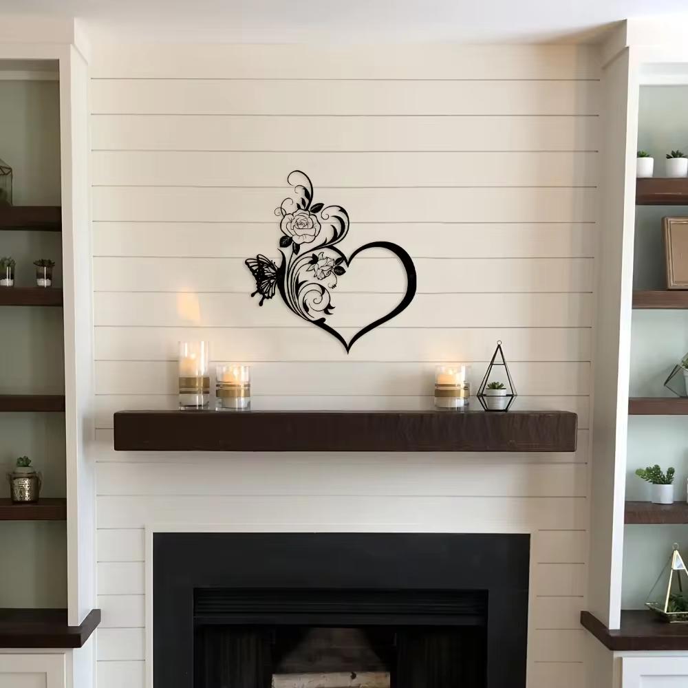 1 Stück Metall Rose Schmetterling Blume Liebesform Wandschild - Schwarz. Kleines Familienliebe-Schild. Hauptwand-Dekor. Wandaufkleber. Kunstwerk.