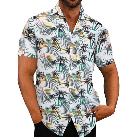 Men Shirt Lapel Neck Short Sleeve Cardigan Loose Top Blouse Beach Casual Printed Shirt for Vacation