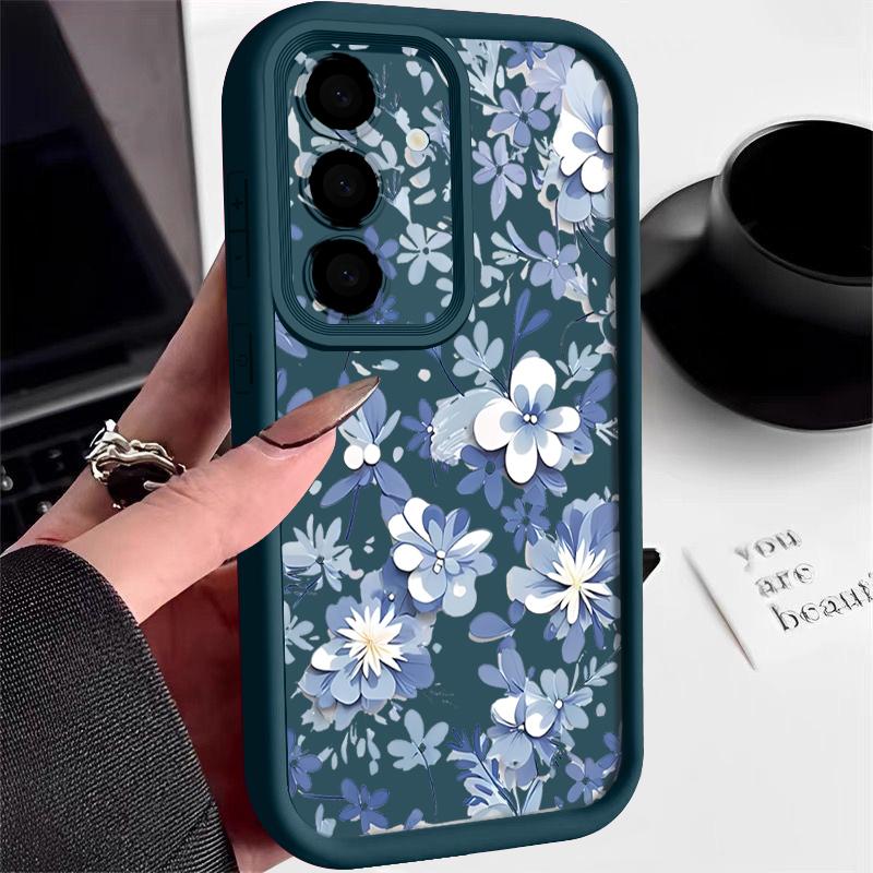 Blue and White Flowers Case For Samsung Galaxy A57 A37 A17 A56 A36 A26 A16 5G A55 A35 A15 A54 S21 FE S22 S23 S24 Plus S25 Edge S26 Ultra Cover