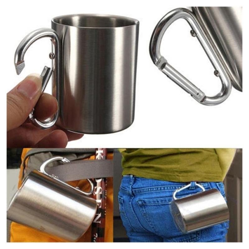 Stainless Steel Water Bottle with Carabiner Handle Metal Cup 220ml/7oz Suitable for Outdoor Sports Camping Hiking Mountaineering
