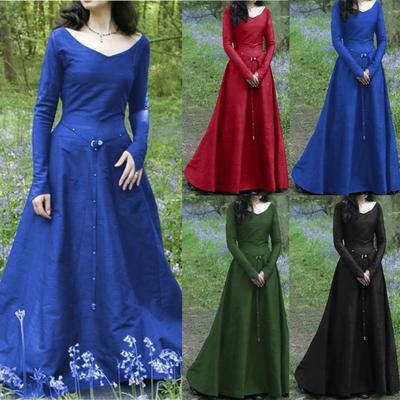Women's V Neck Long Sleeve Maxi Dress Slim Fit High Waist Vintage Medieval Renaissance Solid Color Ball Gown Party Costume