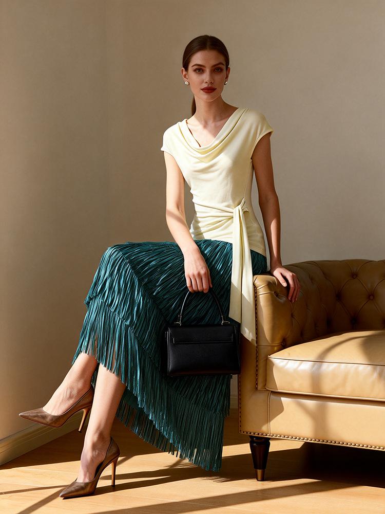 Elegant Rose Red Tassel High-Waisted Skirt for Women