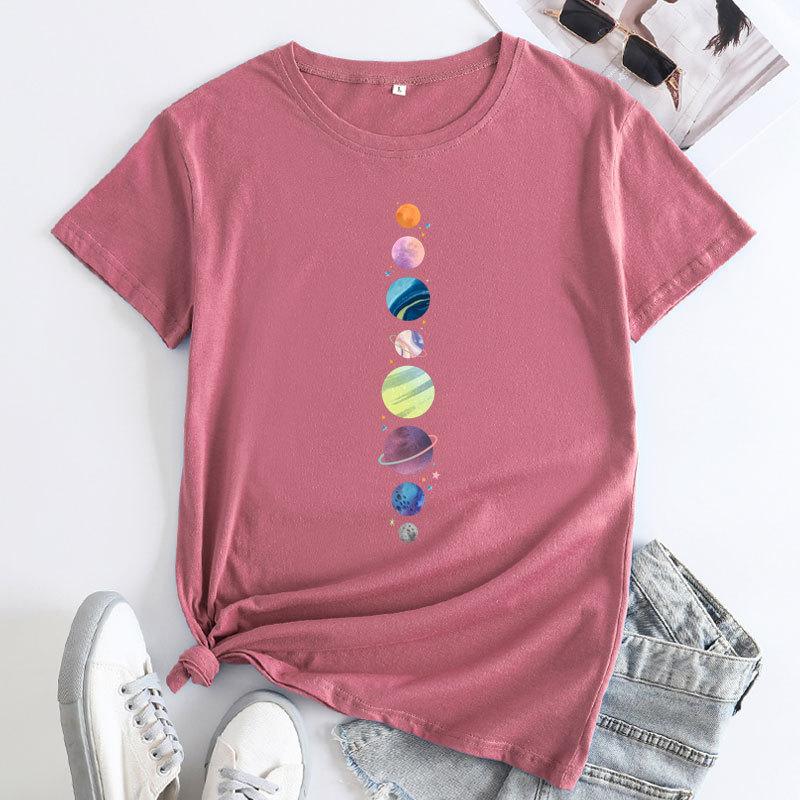 Summer Round Neck Planet Pattern Printed Top Fashionable Casual Short Sleeved Women's Pure Cotton T-shirts
