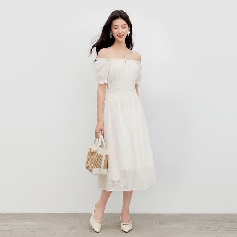 Autumn Water Casual French Style Square Neck Puff Sleeve Dress