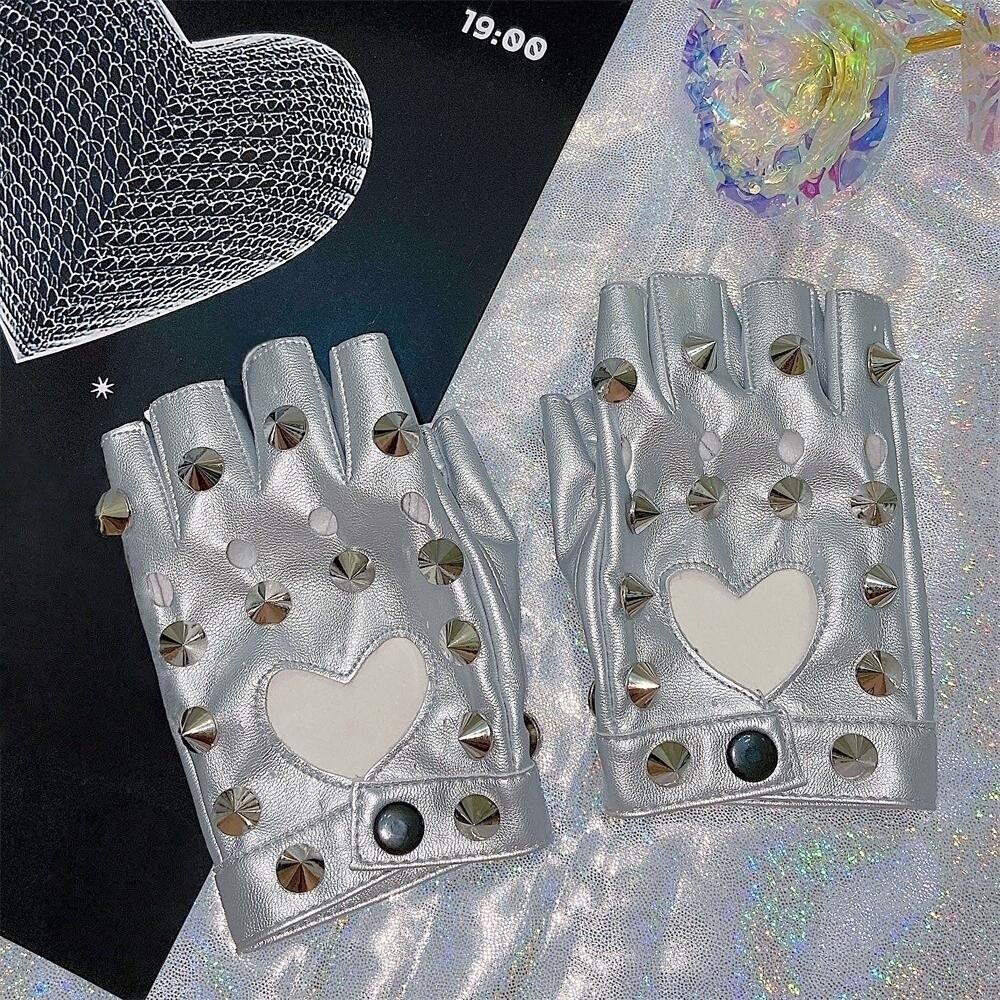 Fingerless Rivet Gloves PU Leather Patent Leather Gloves Unisex Half-palm Gloves Girls