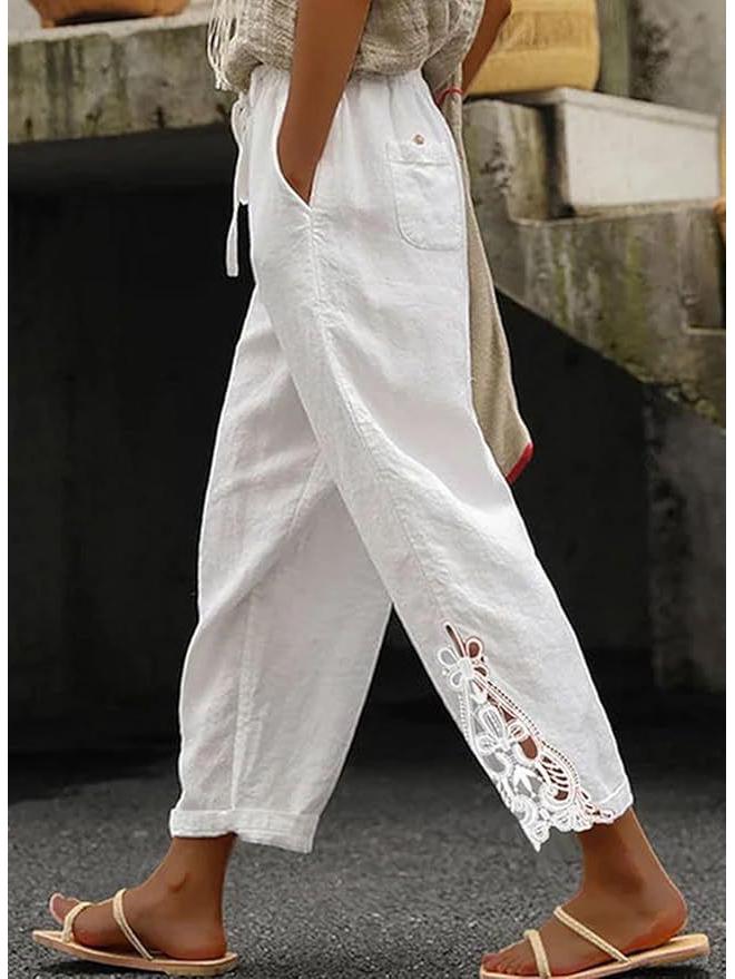 Autumn Lace Patchwork High-Waist Drawstring Cropped Casual Pants with Pockets 2025