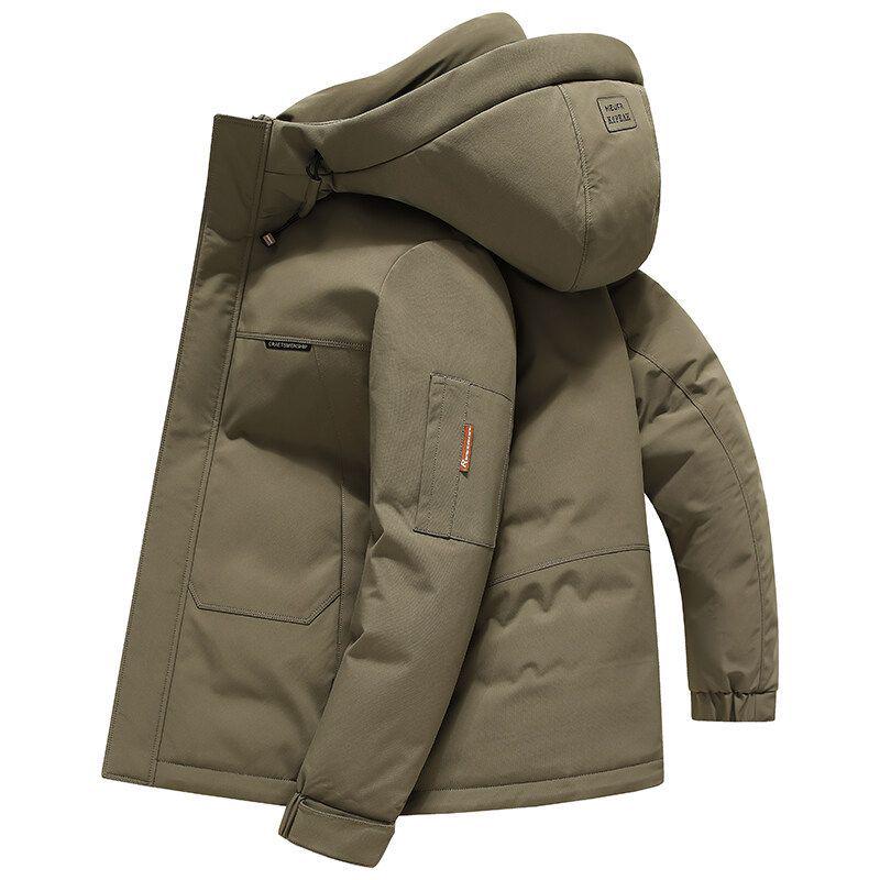 Męska Zimowa Kurtka Puchowa z Kapturem - Ciepła Odzież Wierzchnia w Kolorze Czarnym, Imbirowym, Żółtym