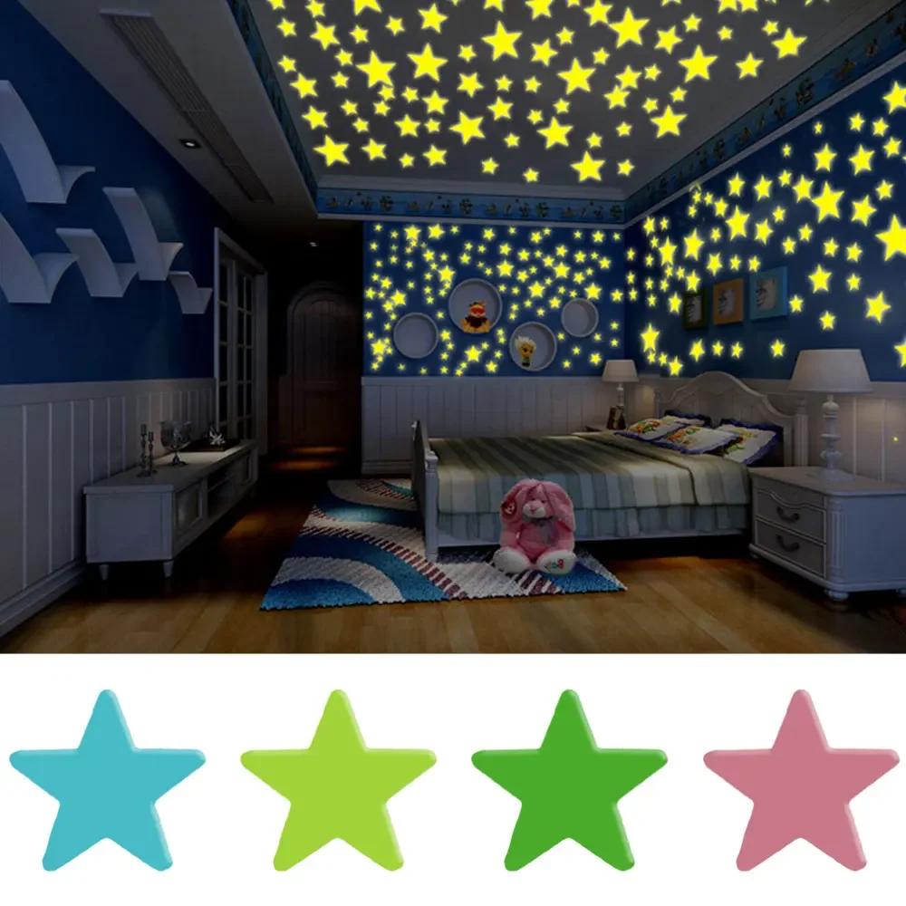 100PCS 3CM Night Light Sticker, Luminous Wall Sticker, Fluorescent Sticker, Blue Yellow Pink Three Night Light Star Sticker
