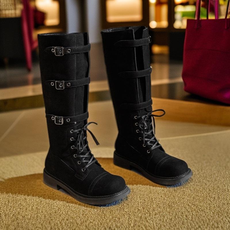 

Autumn and winter new retro anti-velvet leather knight boots~ square head lace-up belt buckle thick heel medium heel high boots large size boots 40 темно-коричневого