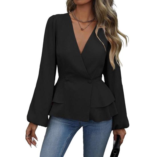 Women Tops V Neck Long Sleeve Slimming Blouse Waist Tight Ruffle Trim Hem Solid Color Shirt Tops Daily Wear