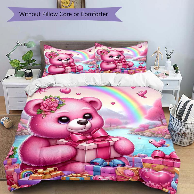3pcs Pink Teddy Bear Bedding Set - Includes One Quilt Cover and Two Pillowcases (No Core) - Home Decor, Festival Gift, Polyester Fabric, Ani