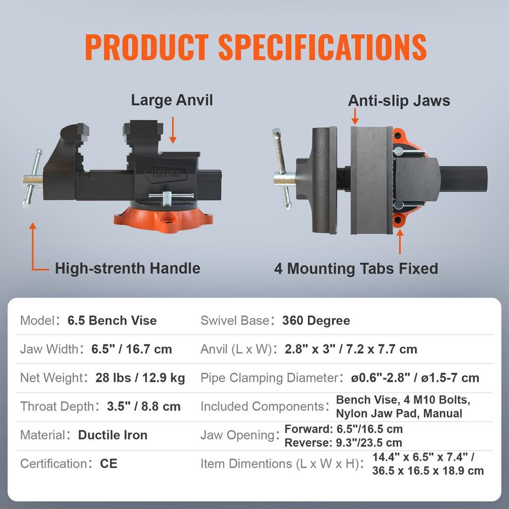 Bench Vise, 6.5" Jaw Width 6.5" Forward &9.3" Reverse Opening, 360-Degree Swivel Locking Base Multipurpose Workbench with Anvil, Heavy Duty Ductile