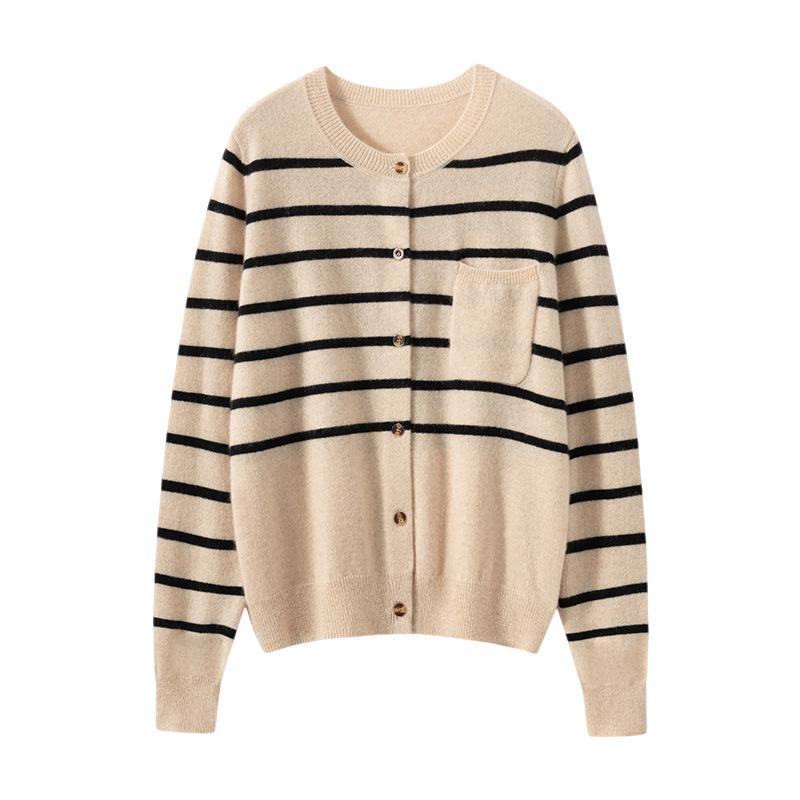 Women's 100% Pure Cashmere Striped Cardigan with Pockets and Buttons, Round Neck Sweater Outerwear