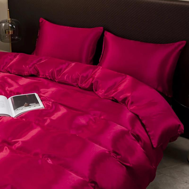 4 PCS Bedding Set Luxury Rayon Satin Duvet Cover Queen High Quality Smooth Quilt Cover Solid High End Single Double Comforter Cover
