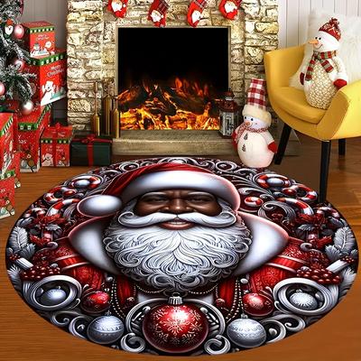 1 Stück Bezaubernder Schwarzer Weihnachtsmann Druck Runder Bereichsteppich Innen Rutschfest Waschbar Faserteppich Weiche Bequeme Matte Für Schlafzimmer Wohnzimmer