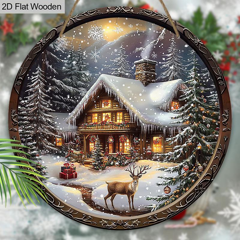 Caldo Inverno Natale Segno di Legno con Motivo Alce e Casa di Neve - Segno Rotondo Buon Natale per Porta d'Ingresso, Decorazione da Appendere alla Parete - Regalo di Natale Ideale