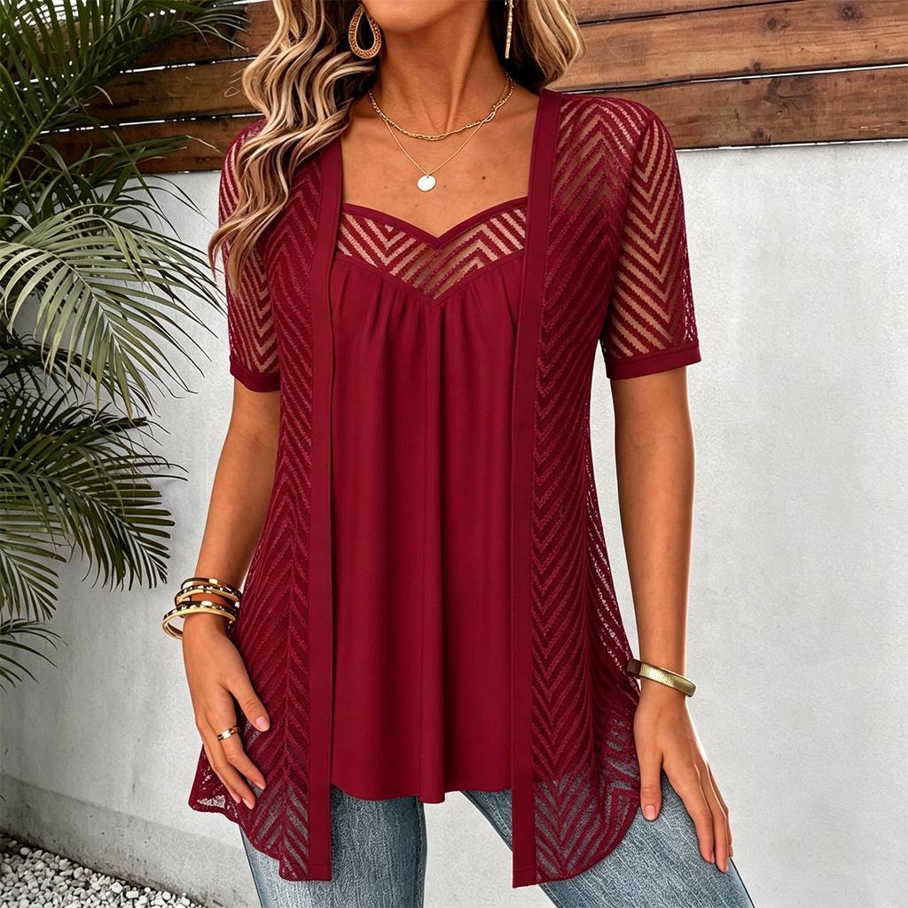 Women's Cutout Loose Fit Short Sleeve Two-Piece Blouse