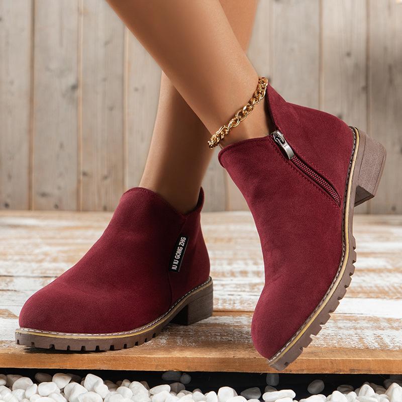 European American Short Boots 2024 New Retro Frosted Short Boots Thick Heel Flat Bottom Side Zipper Women's Shoes Zapatos Mujer