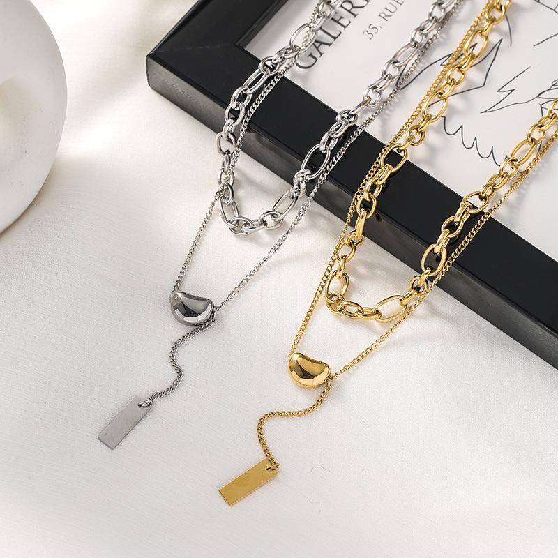 Korean Retro Gold Lentil Double-Layer Clavicle Necklace - Titanium Steel, Fade-Resistant