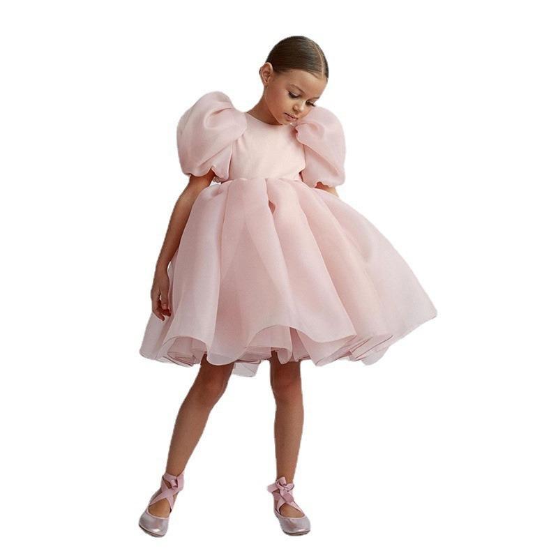 New summer girls' puff sleeve princess floral print mesh tulle tutu formal dress