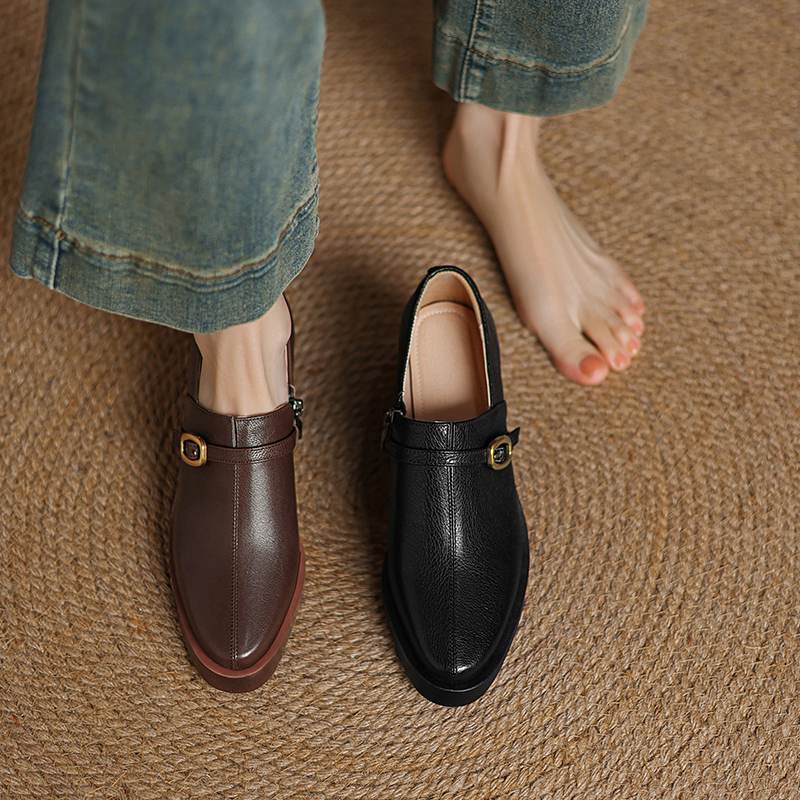 Krazing Pot Cow Skin Autumn Winter Shoes Chunky Heels Size 43 Size 42 Round Toe Zipper Deep Mouth Retro Fashion Pumps