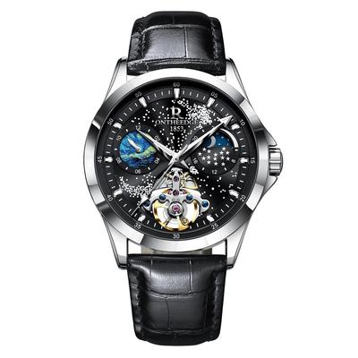 R ONTHEEDGE Automatic Skeleton Watch Men Moonphase Waterproof Luminous Hands Starry Sky Dial Business Fashionable