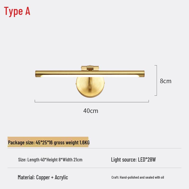 

Американский медный светодиодный светильник для туалетного столика и картин для ванной комнаты и коридора Warm Light