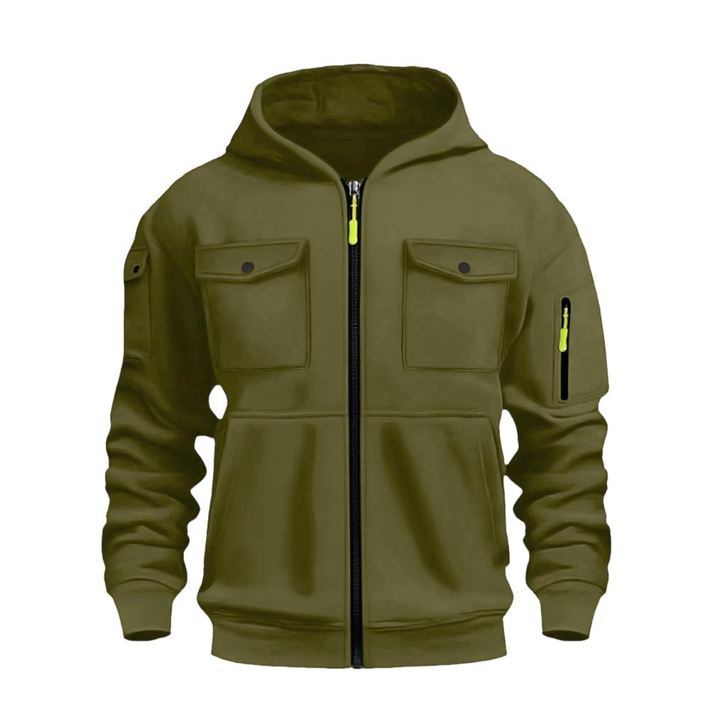 Men's Cargo Zip-Up Hoodie Jacket - Multi-Pocket Zip Hooded Athletic Top