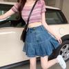 High Waist Pleated Denim Skirt Women A-Line Mini Tummy Control Slimming Fit Pear Shape