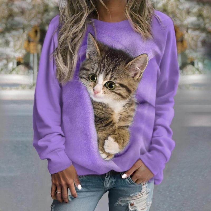 Women's Sweater Pullover T-Shirt Fashion Kitten Print Long Sleeve T Shirt Girls Street Casual Ladies Clothes O-Neck Sweatershirt
