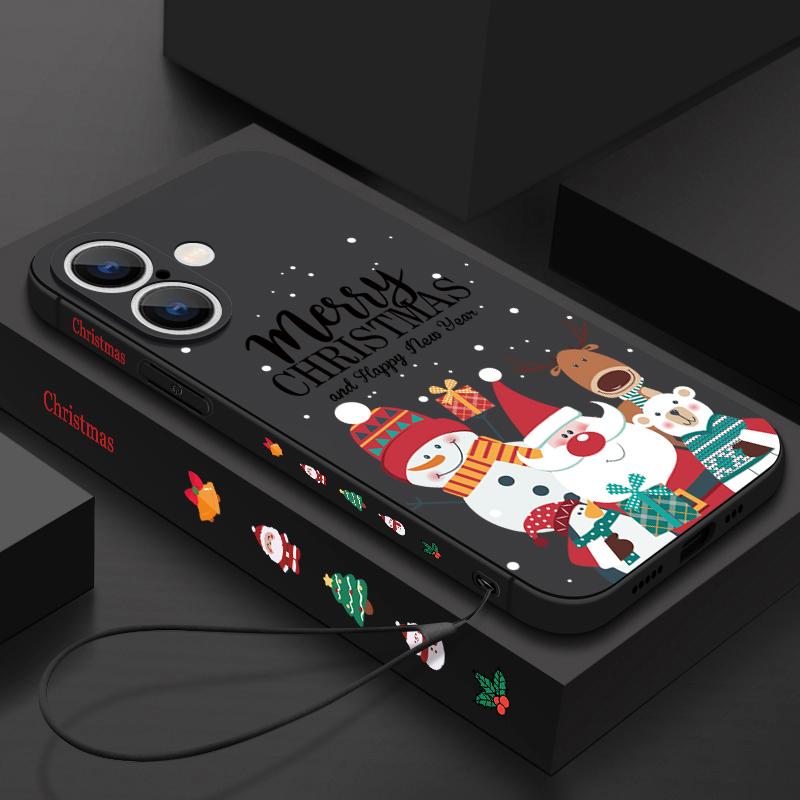 Christmas Santa Elk Pattern Slim Magnetic Cover For iPhone 16E 15 Pro Max 14 13 12 Pro 11 for Magsafe Matte Shockproof Soft TPU Lanyard Phone Case