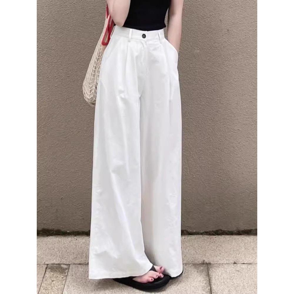 Women's White Wide-Leg Denim Pants: Slimming Drape for Spring/Autumn, Pear-Shaped Fit, Loose, Thin Style, Casual Elegance.