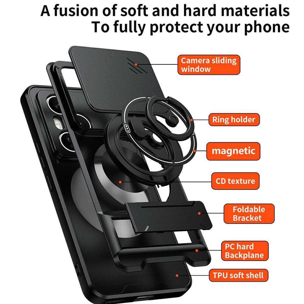 For Honor 400 Pro 5G (Global) Magnetic Case Ring Holder Foldable Kickstand TPU PC Phone Cover with Camera Lens Slider