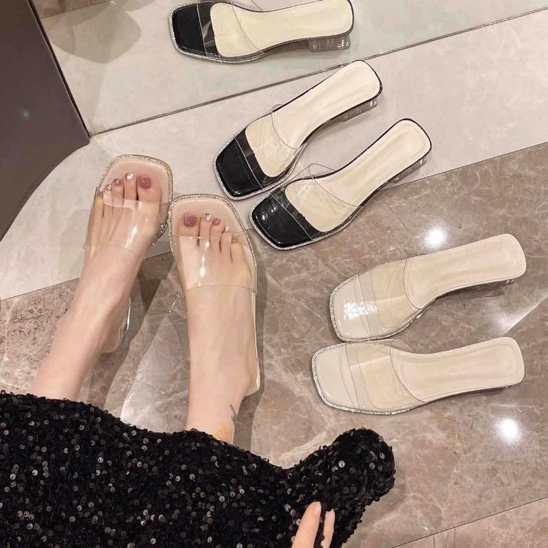 Transparent High Heels Flip-flops, Women's Outerwear Fashionable Shoes Crystal Thick-heeled Sandals