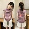 New Stylish Girls' Patchwork Stripe Sleeveless Tank Top Set - Medium & Large Sizes for Casual Summer Wear