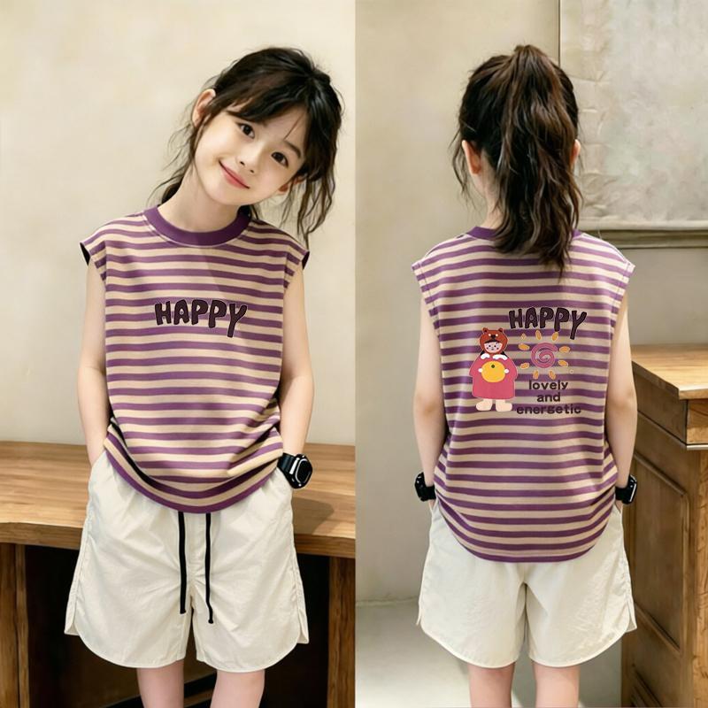 New Stylish Girls' Patchwork Stripe Sleeveless Tank Top Set - Medium & Large Sizes for Casual Summer Wear