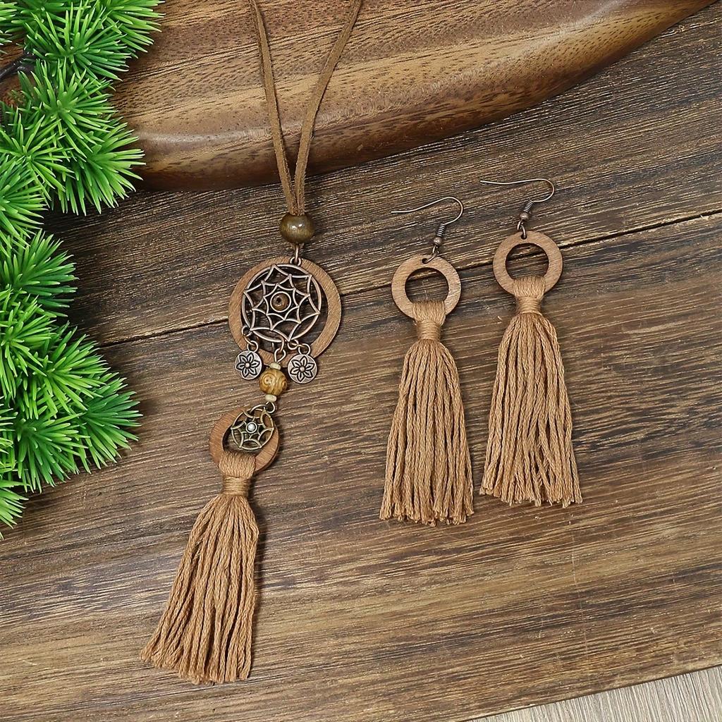 1pc Boho Vintage Wooden Tassel Necklace, Polka Dot Charm Pendant, All-Season Daily Wear Accessory for Women, Carnival Hippie Festival Jewelry