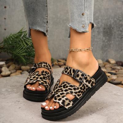 Moda Alta Qualidade Leopardo Fivela de Metal Design Mulheres Chinelos Sexy Conforto Antiderrapante Sandálias Deslizantes Verão Tamanho 43 Plataforma Chinelos