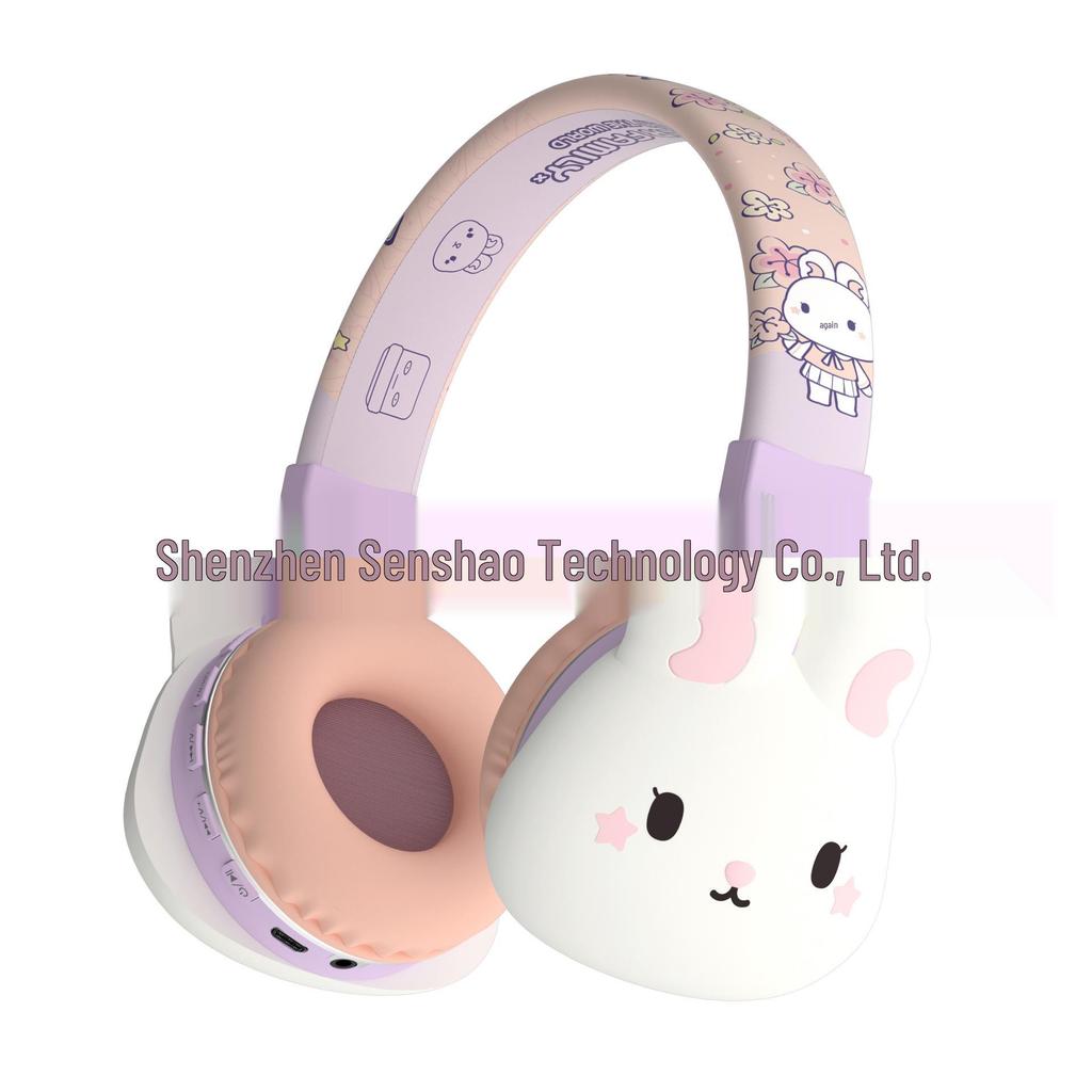 Purple Moon Rabbit Cartoon Over-Ear Bluetooth Headphones for Girls and Children