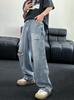 Women's old trendy brand ripped American loose washed retro versatile jeans straight jeans men's wide-leg trousers summer