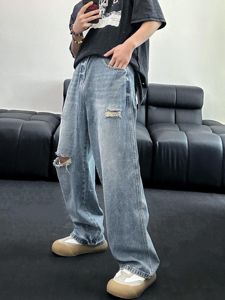 Women's old trendy brand ripped American loose washed retro versatile jeans straight jeans men's wide-leg trousers summer
